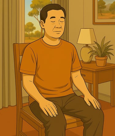 Mandarin-speaking man practising PMR in a Robinvale home, seated on a chair with calm expression and morning light.