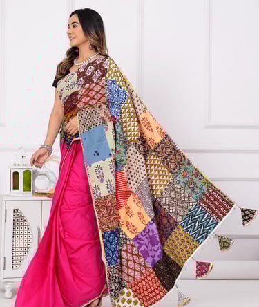 Lightweight mulmul saree featuring premium designer patch work detailing