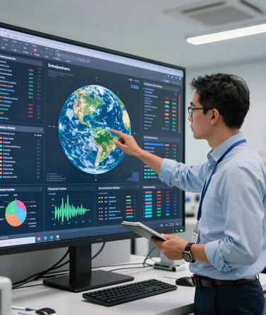 A professional strategic sustainability planner analyzing complex climate data models on a large screen inside a bright, modern South American climate technology innovation lab.