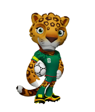 Zakumi the leopard mascot for the 2010 FIFA World Cup wearing a green soccer jersey and holding a ball.