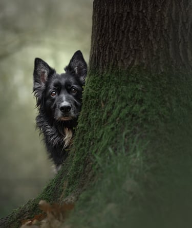 Black border collie dog peeking from behind a mossy tree pet photography in wakefield