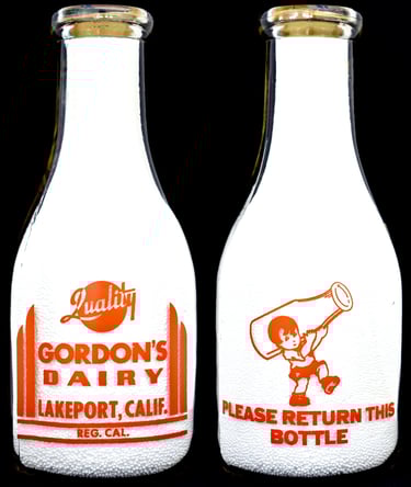 Gordon's Dairy California milk bottle from Lakeport California for sale.  Milk bottles for sale.