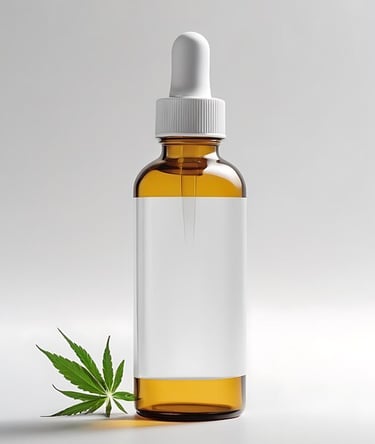 Amber glass dropper bottle with blank label and green cannabis leaf for CBD oil mockup.