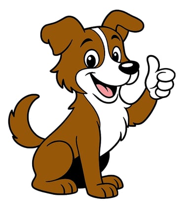 Scout the mascot, a brown and white dog giving a thumbs up and a smile