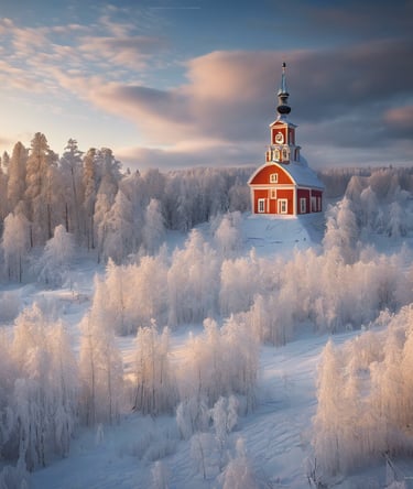 a church with a red church steeple and a steeple