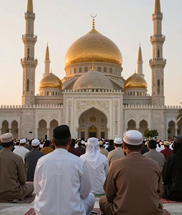 Muslim men praying outside a grand white mosque with golden domes and tall minarets during sunrise.