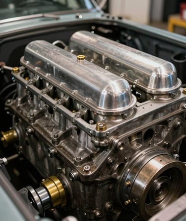 An artistic close-up photograph of a vintage V8 engine compartment, showcase of classic Detroit craftsmanship. Polished metallic silver cylinders, weathered dark iron engine block, and subtle gold brass hardware. Gritty yet sophisticated lighting casting deep shadows. North American / Detroit US workshop style.