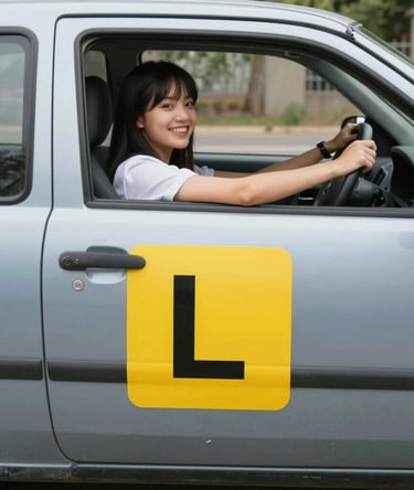 A friendly driving instructor smiling reassuringly at a student behind the wheel during a lesson.