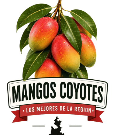 Logotipo de Mangos Coyotes, los mejores de la región, sobre una ilustración de mangos frescos