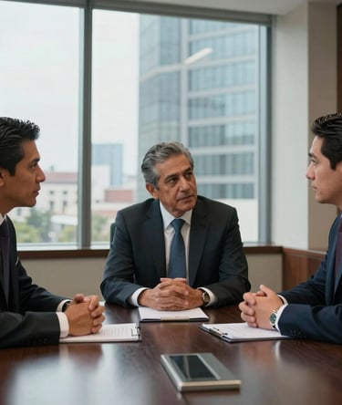 Professional photography of Mexican / Latin American attorneys conferring around a dark slate boardroom table in a high-rise office in Monterrey, Mexico.