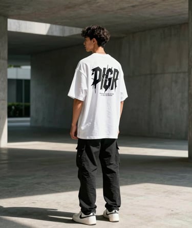 Full-length editorial portrait of a male model wearing an oversized white streetwear tee with bold black graphic print on the back, standing in a sleek minimalist concrete corridor in a North American / Global Urban location, harsh direct sunlight and sharp shadows.