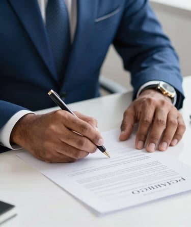 A focused close-up photograph of a South Asian professional signing a contract on a sleek white desk. The lighting is bright and crisp, emphasizing themes of agreement and commitment. Deep royal blue accents in the attire.