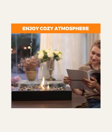 picture of a table top firepit with flames and woman reading a book