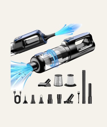 Portable cordless handheld vacuum cleaner with compressed air duster function and multiple nozzle attachments.