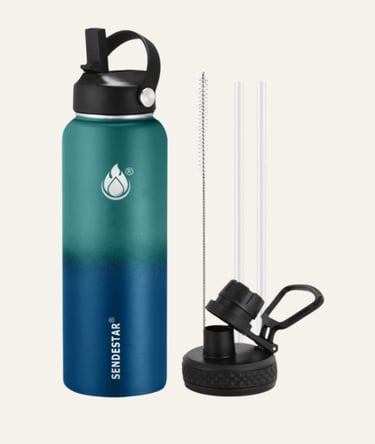 Sendestar vacuum insulated water bottle in teal and blue gradient with straw lid and cleaning brush.