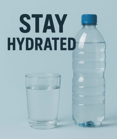 Stay hydrated message with water bottle and glass on blue background
