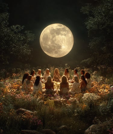 cercle de femmes rassemblées autour du feu au clair de pleine lune