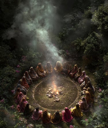cercle de femmes sorcières autour d'un feu pendant Yule, le sabbat du solstice d'hiver