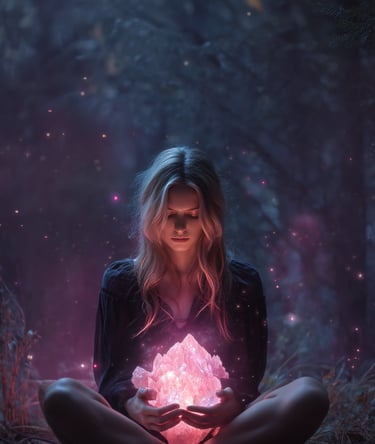 femme assise en lotus qui tient une fleur lumineuse rose entre les mains comme technique d'ancrage