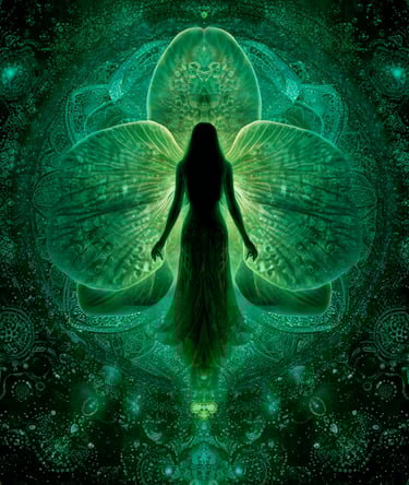femme papillon vert émeraude, comme la couleur de guérison énergétique