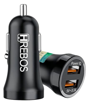 Black Hrebos dual USB car charger adapter with 3.1A fast charging Power IQ ports for mobile devices.