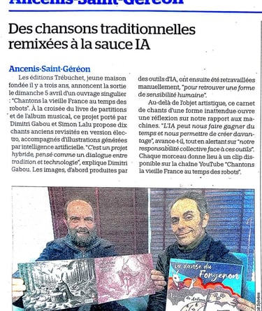 Article de l'écho d'Ancenis, Dim et Simon présente le carnet de chants de Lapinu