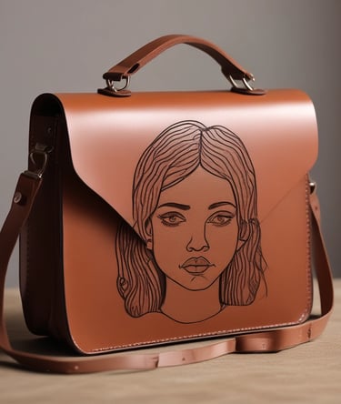 A leather handbag with intricate butterfly and floral designs, predominantly in shades of red, green, and purple. The background is a rich brown, giving a natural, earthy feel to the piece.