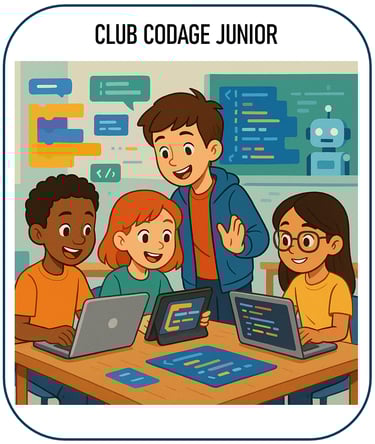 image illustrant une activité de codage pour les jeunes : des enfants ou adolescents devant des ordi