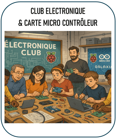 llustration représentant un club autour de l’électronique et des cartes Raspberry Pi, Arduino, Galax