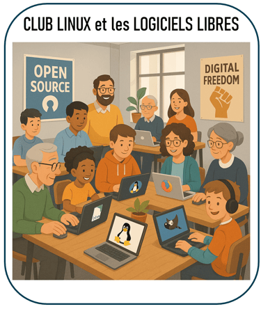 illustration représentant un club autour de Linux et des logiciels libres, avec des personnes de tou