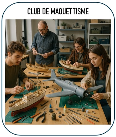 Photo illustrant un club de maquettisme : des jeunes ou adultes autour de tables, construisant des m