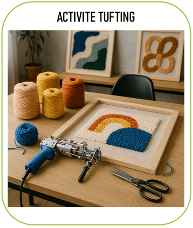 image représentant des outils pour une activité de tufting (pistolet à tufting, cadres en bois, fils