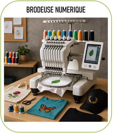 image représentant une brodeuse numérique, avec quelques réalisations textiles (motifs brodés, t-shi