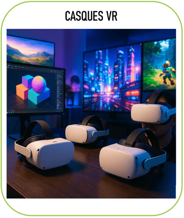 image représentant des casques de réalité virtuelle, avec quelques créations numériques (modèles 3D,