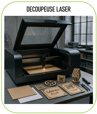 image représentant une découpeuse laser, avec quelques créations (objets découpés, panneaux gravés, 