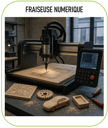 image représentant une fraiseuse numérique, avec quelques créations (pièces usinées, panneaux gravés