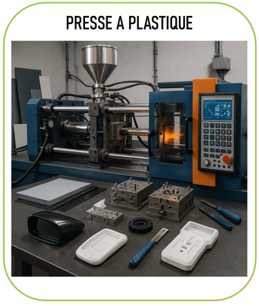 image représentant une presse à plastique, avec différentes réalisations (coques plastiques, objets 