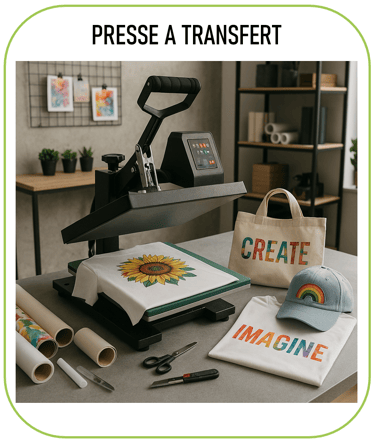 image représentant une presse à transfert avec quelques créations textiles personnalisées