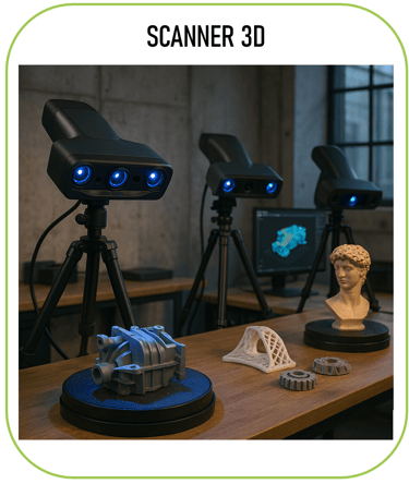 image représentant des scanners 3D en fonctionnement, avec quelques objets numérisés et imprimés en 