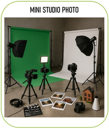image représentant un mini studio photo et cinéma, avec fond vert et fond blanc, appareils photo, ca