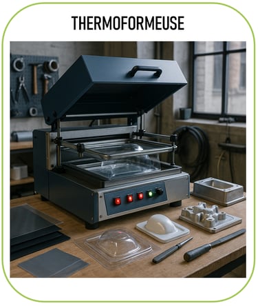 image représentant une thermoformeuse, avec quelques créations (coques plastiques, objets moulés, pr