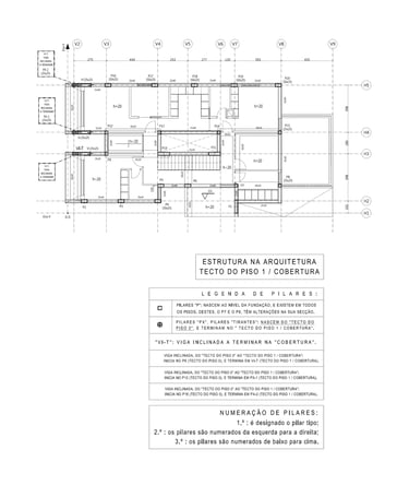 Moradia na Aroeira. Planta da Estrutura na Arquitetura. Tecto do Piso 1 e Cobertura.
