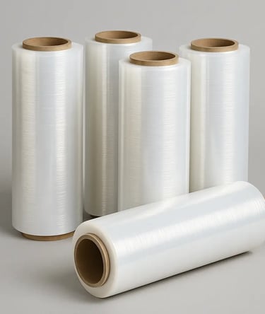 Transparent stretch film tightly wrapped around cargo pallets