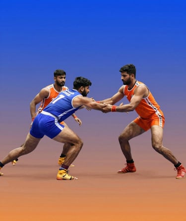 A high-intensity Kabaddi action image with a blue-to-sky gradient overlay. A raider is seen lunging toward the midline while defenders attempt a tackle. The lighting is dramatic and energetic, highlighting the athletes' physique and the #1A3C8F and #E8420A color palette.
