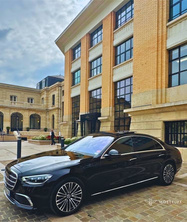 Black Mercedes-Benz S-Class luxury sedan parked in front of a luxury champagne house.