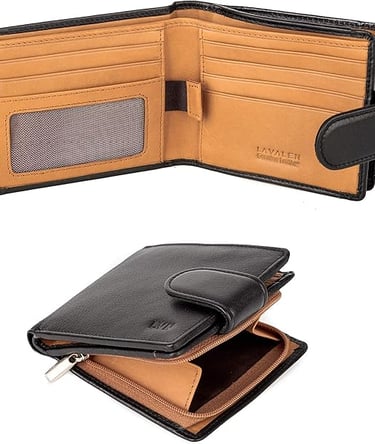 Cartera bifold abierta y cerrada, de cuero auténtico negro, con ranuras para tarjetas y bolsillo con