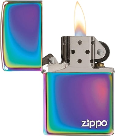Mechero Zippo iridiscente con acabado arcoíris multicolor y llama a prueba de viento.