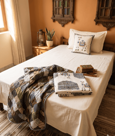 Handcrafted Indian block print quilt and camel motif bedding on a bed in a rustic bedroom.