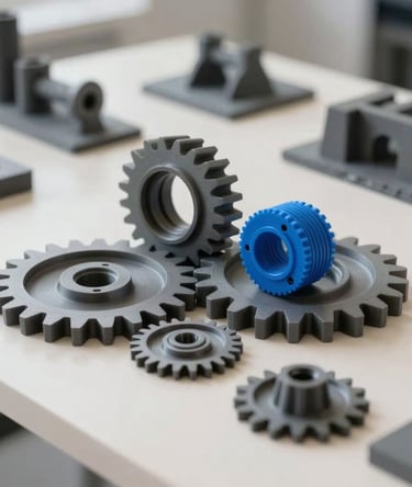 A close-up photograph of high-tech, custom-fabricated 3-D printed mechanical gears and architectural models on an off-white table. Modern, clean Swiss-style design studio in Southern Europe. Soft natural lighting with high-contrast slate gray and electric blue accents, professional presentation.