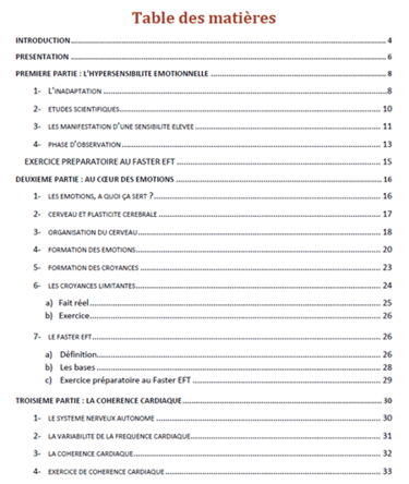 début de la table des matières de l'ebook de développement personnel sur la gestion des émotions